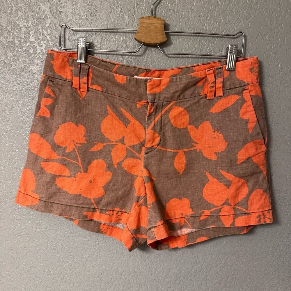 LOFT Brown and Orange Floral Print Shorts Size 8 Linen Cotton